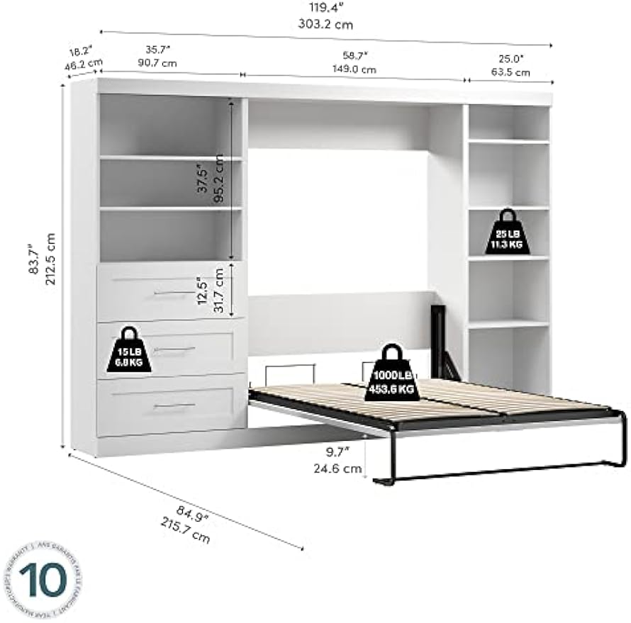 Bestar Pur Murphy 2 Shelving Units with Drawers, Space-Saving Wall Bed with Storage and Closet Organizers, Full, Chocolate