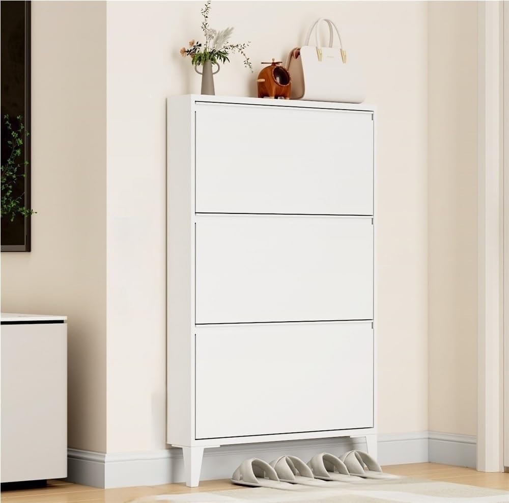 Floating Metal Shoe Cabinet, Wall Mounted Ultra-Thin Flip Drawer Storage, Freestanding Shoe Rack Storage Organizer for Entryway, Narrow Hallway(White,80 * 12.2 * 147.2cm)