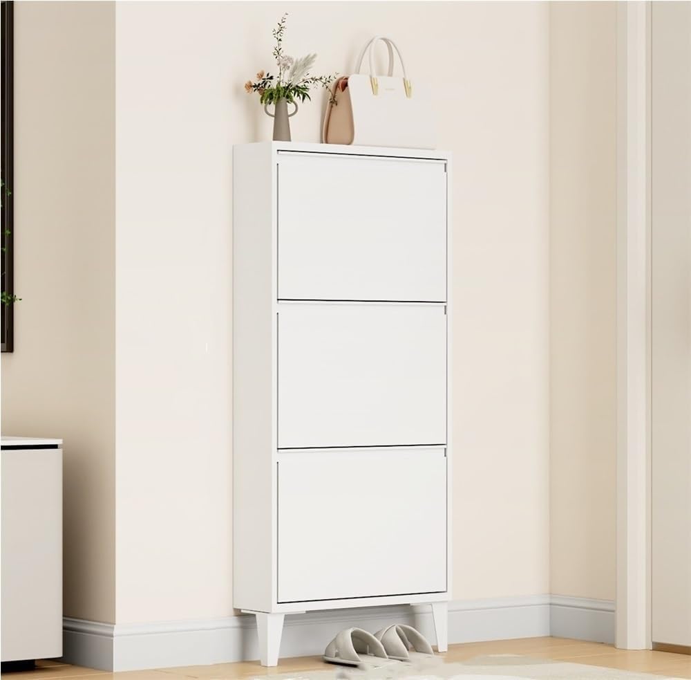 Floating Metal Shoe Cabinet, Wall Mounted Ultra-Thin Flip Drawer Storage, Freestanding Shoe Rack Storage Organizer for Entryway, Narrow Hallway(White,80 * 12.2 * 147.2cm)