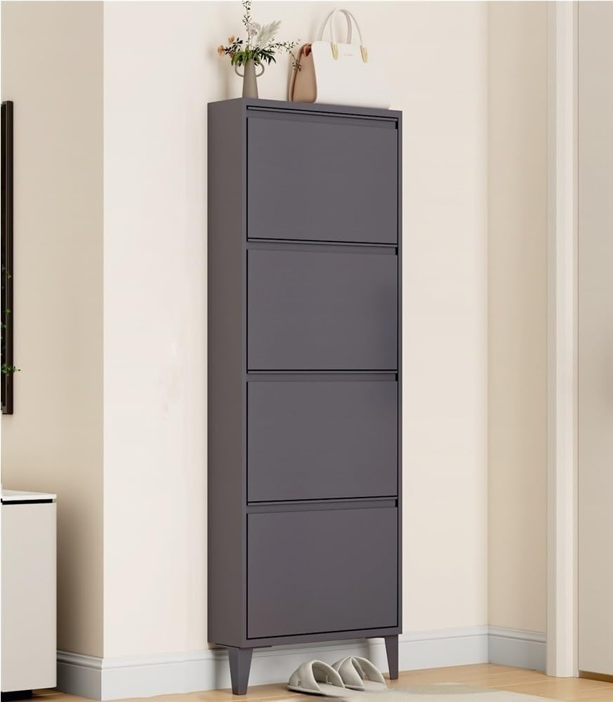 Floating Metal Shoe Cabinet, Wall Mounted Ultra-Thin Flip Drawer Storage, Freestanding Shoe Rack Storage Organizer for Entryway, Narrow Hallway(White,80 * 12.2 * 147.2cm)