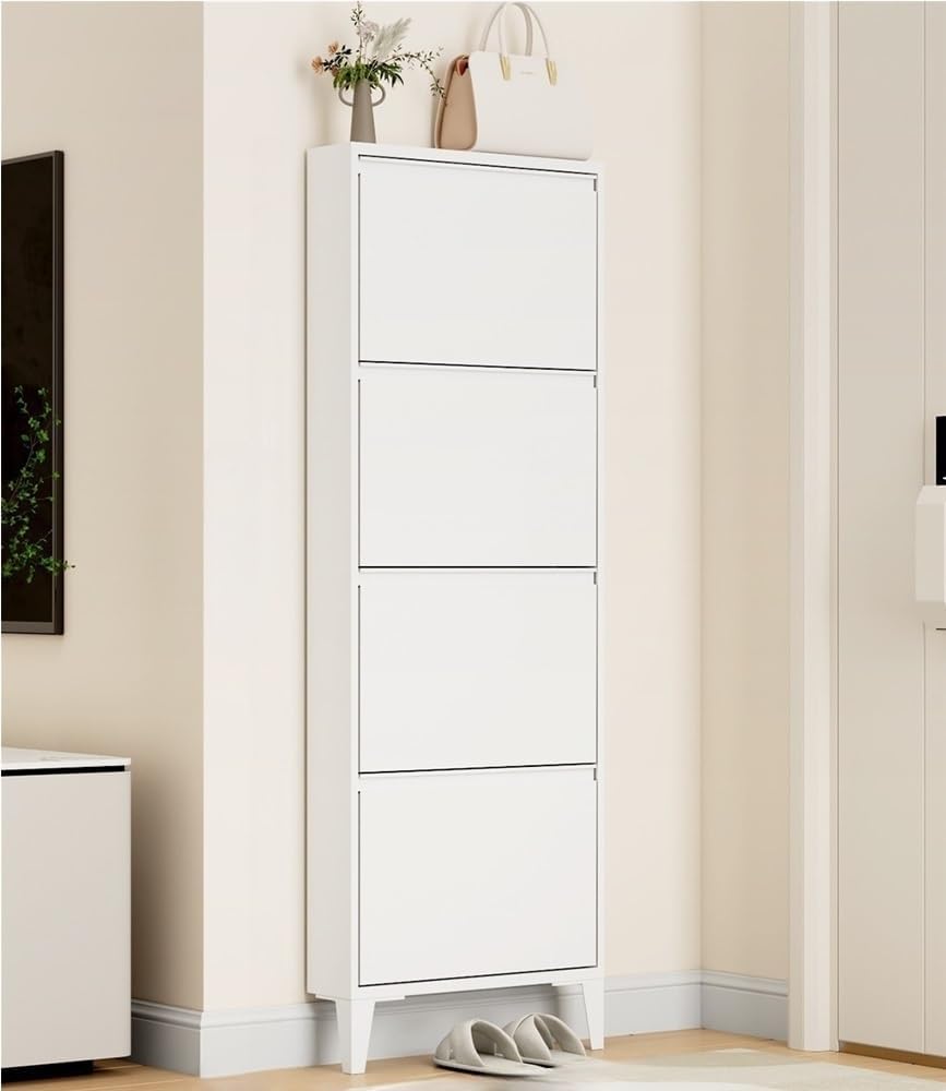 Floating Metal Shoe Cabinet, Wall Mounted Ultra-Thin Flip Drawer Storage, Freestanding Shoe Rack Storage Organizer for Entryway, Narrow Hallway(White,80 * 12.2 * 147.2cm)