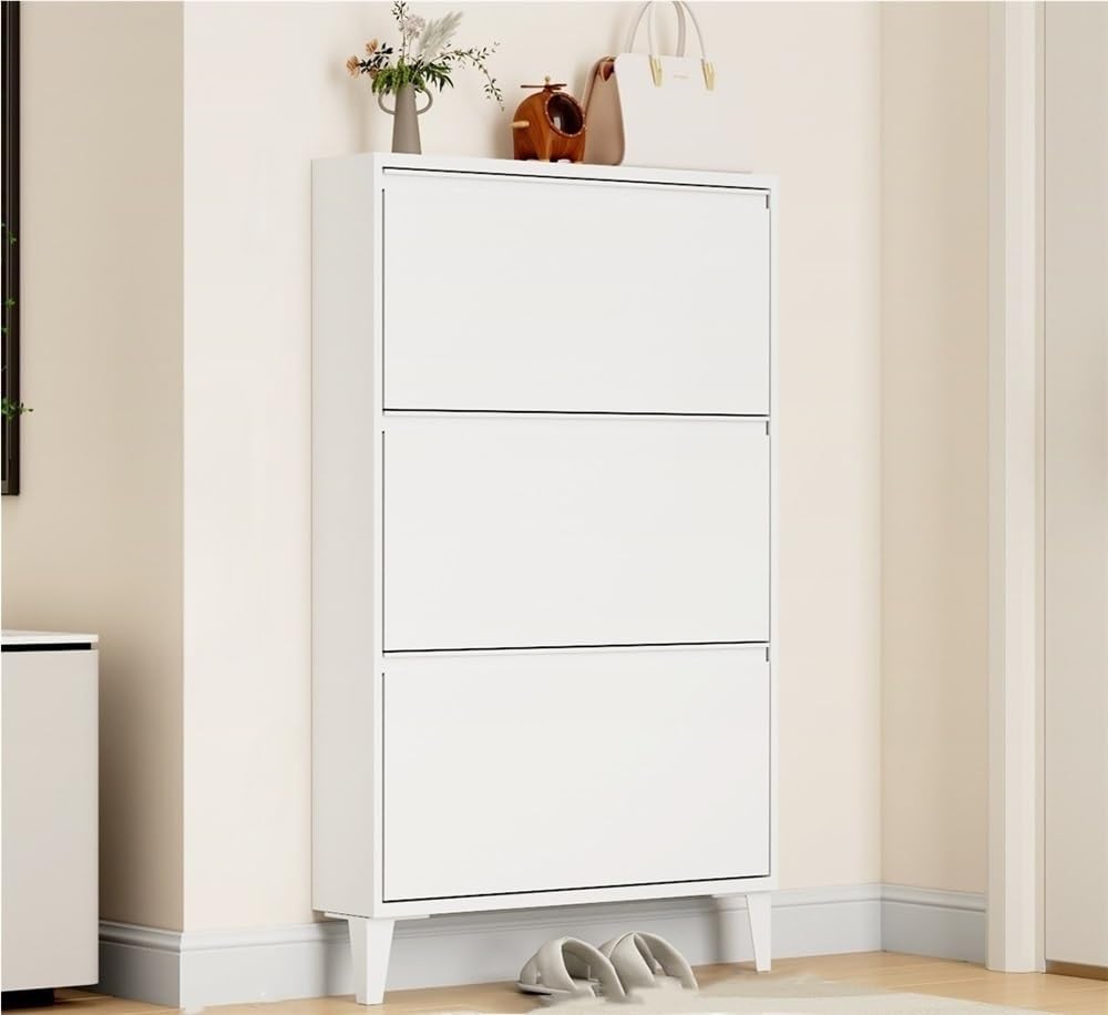 Floating Metal Shoe Cabinet, Wall Mounted Ultra-Thin Flip Drawer Storage, Freestanding Shoe Rack Storage Organizer for Entryway, Narrow Hallway(White,80 * 12.2 * 147.2cm)