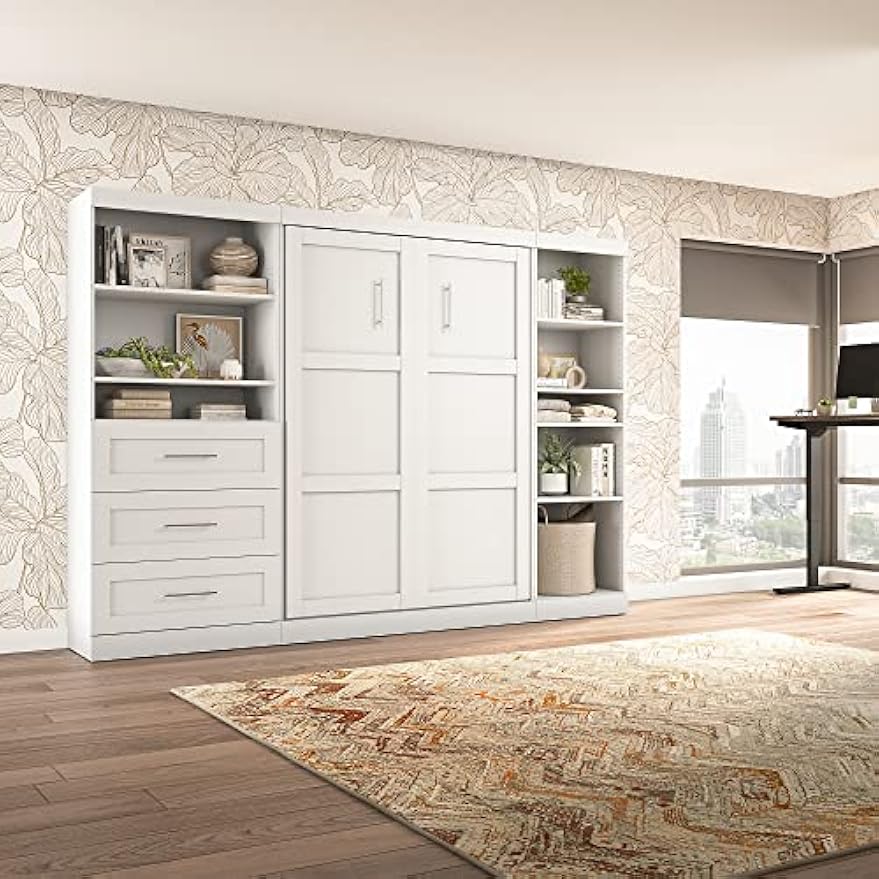 Bestar Pur Murphy 2 Shelving Units with Drawers, Space-Saving Wall Bed with Storage and Closet Organizers, Full, Chocolate