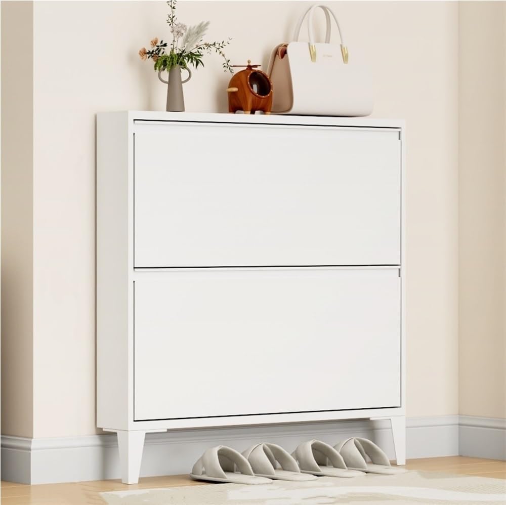 Floating Metal Shoe Cabinet, Wall Mounted Ultra-Thin Flip Drawer Storage, Freestanding Shoe Rack Storage Organizer for Entryway, Narrow Hallway(White,80 * 12.2 * 147.2cm)