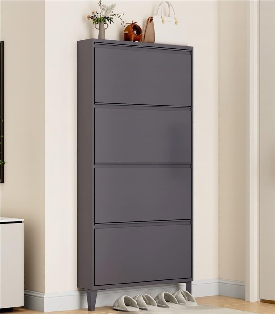 Floating Metal Shoe Cabinet, Wall Mounted Ultra-Thin Flip Drawer Storage, Freestanding Shoe Rack Storage Organizer for Entryway, Narrow Hallway(White,80 * 12.2 * 147.2cm)