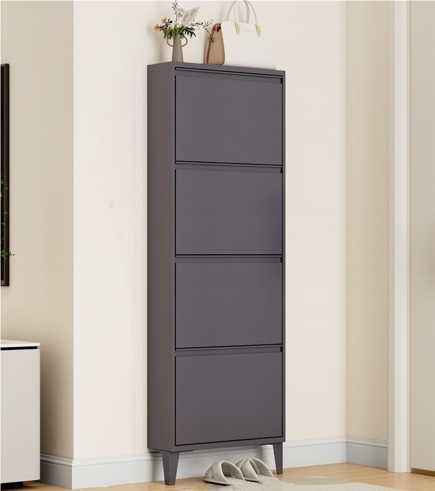 Floating Metal Shoe Cabinet, Wall Mounted Ultra-Thin Flip Drawer Storage, Freestanding Shoe Rack Storage Organizer for Entryway, Narrow Hallway(White,80 * 12.2 * 147.2cm)