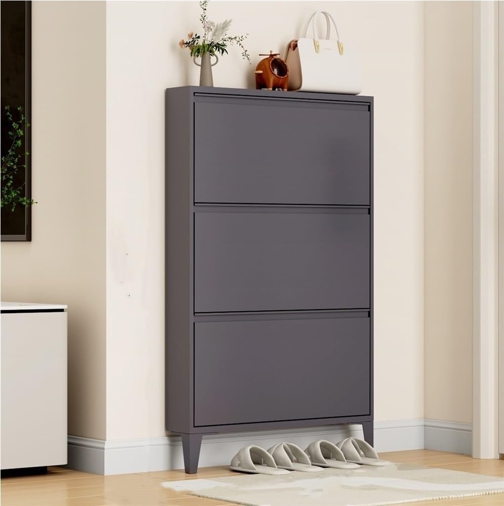 Floating Metal Shoe Cabinet, Wall Mounted Ultra-Thin Flip Drawer Storage, Freestanding Shoe Rack Storage Organizer for Entryway, Narrow Hallway(White,80 * 12.2 * 147.2cm)
