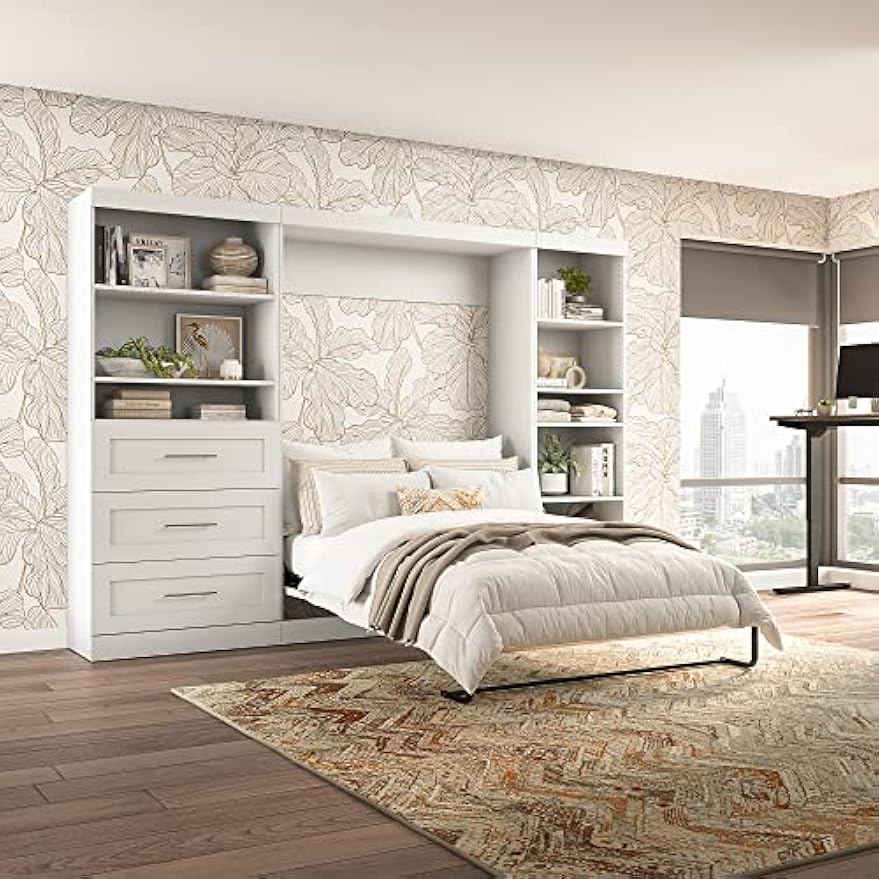 Bestar Pur Murphy 2 Shelving Units with Drawers, Space-Saving Wall Bed with Storage and Closet Organizers, Full, Chocolate