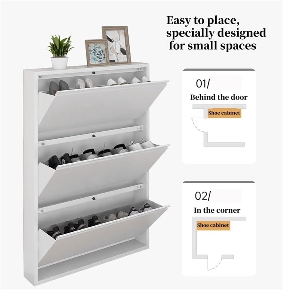 Floating Metal Shoe Cabinet, Wall Mounted Ultra-Thin Flip Drawer Storage, Freestanding Shoe Rack Storage Organizer for Entryway, Narrow Hallway(White,80 * 12.2 * 147.2cm)