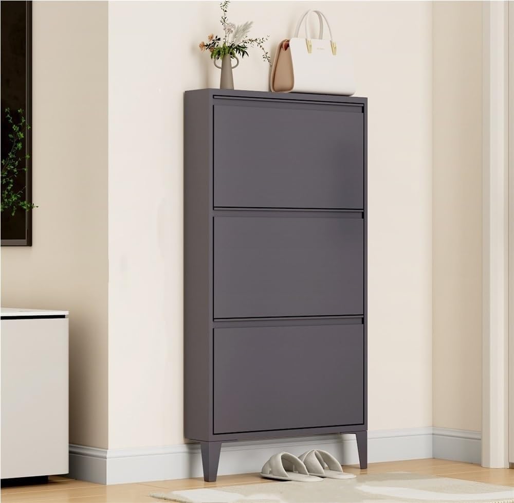Floating Metal Shoe Cabinet, Wall Mounted Ultra-Thin Flip Drawer Storage, Freestanding Shoe Rack Storage Organizer for Entryway, Narrow Hallway(White,80 * 12.2 * 147.2cm)