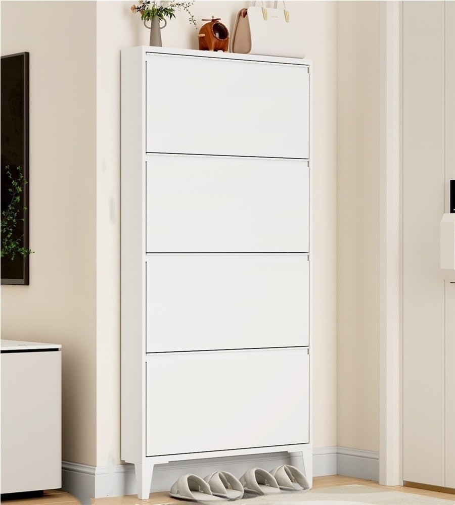 Floating Metal Shoe Cabinet, Wall Mounted Ultra-Thin Flip Drawer Storage, Freestanding Shoe Rack Storage Organizer for Entryway, Narrow Hallway(White,80 * 12.2 * 147.2cm)