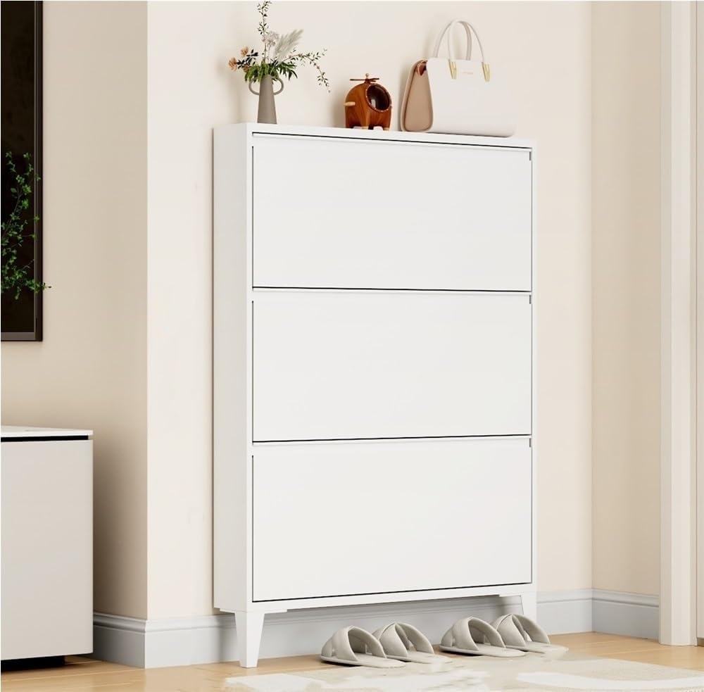 Floating Metal Shoe Cabinet, Wall Mounted Ultra-Thin Flip Drawer Storage, Freestanding Shoe Rack Storage Organizer for Entryway, Narrow Hallway(White,80 * 12.2 * 147.2cm)