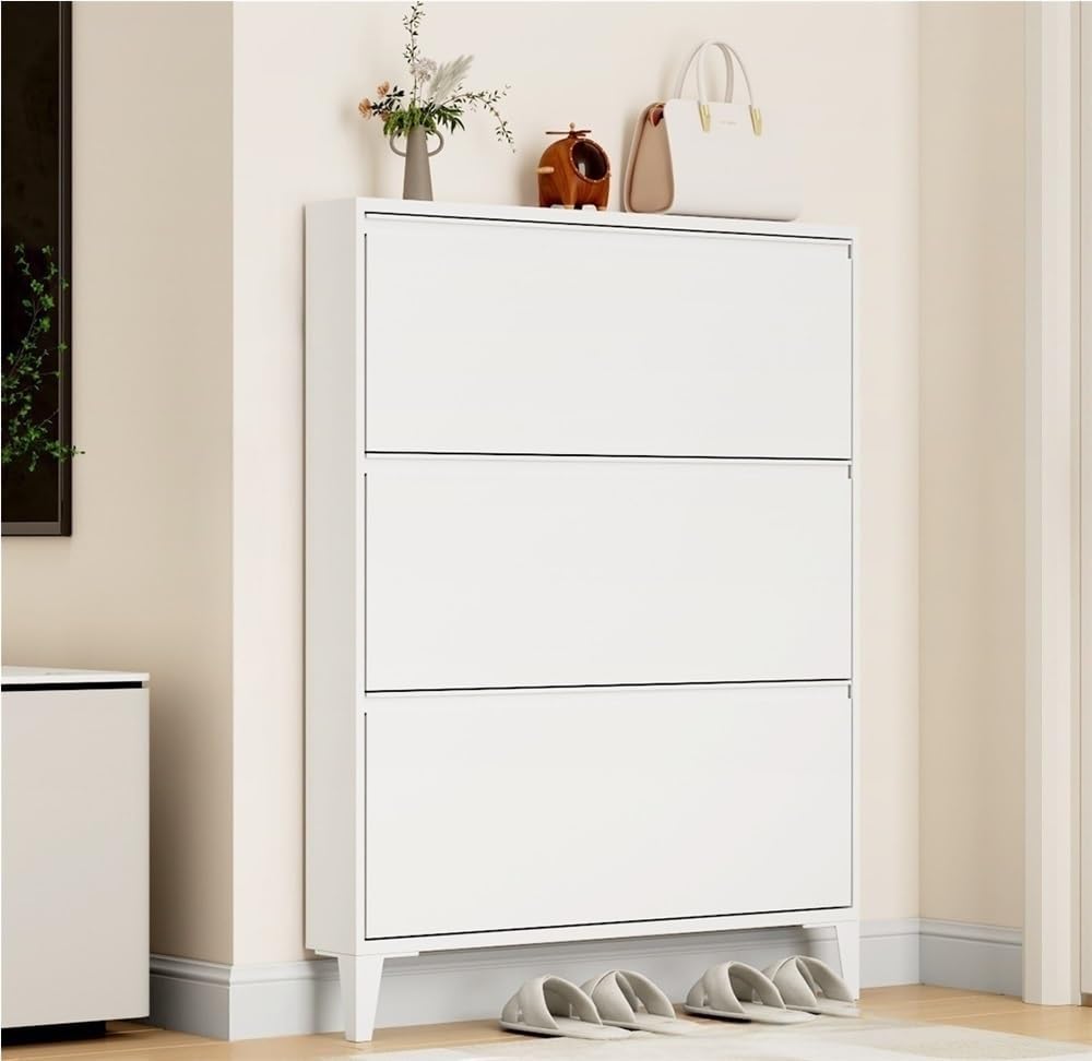 Floating Metal Shoe Cabinet, Wall Mounted Ultra-Thin Flip Drawer Storage, Freestanding Shoe Rack Storage Organizer for Entryway, Narrow Hallway(White,80 * 12.2 * 147.2cm)