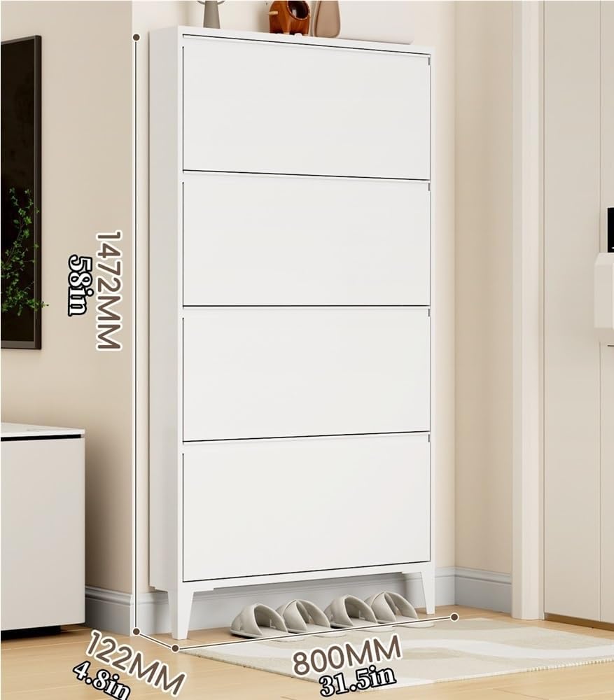 Floating Metal Shoe Cabinet, Wall Mounted Ultra-Thin Flip Drawer Storage, Freestanding Shoe Rack Storage Organizer for Entryway, Narrow Hallway(White,80 * 12.2 * 147.2cm)