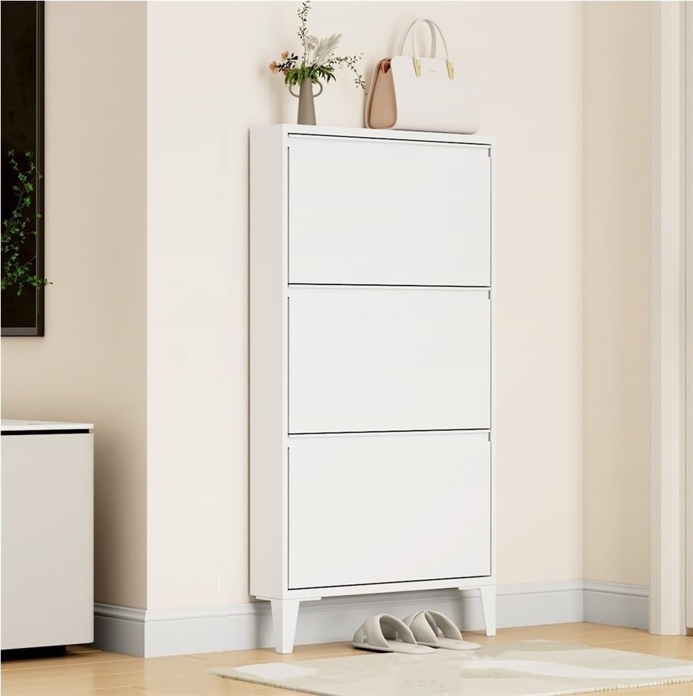 Floating Metal Shoe Cabinet, Wall Mounted Ultra-Thin Flip Drawer Storage, Freestanding Shoe Rack Storage Organizer for Entryway, Narrow Hallway(White,80 * 12.2 * 147.2cm)