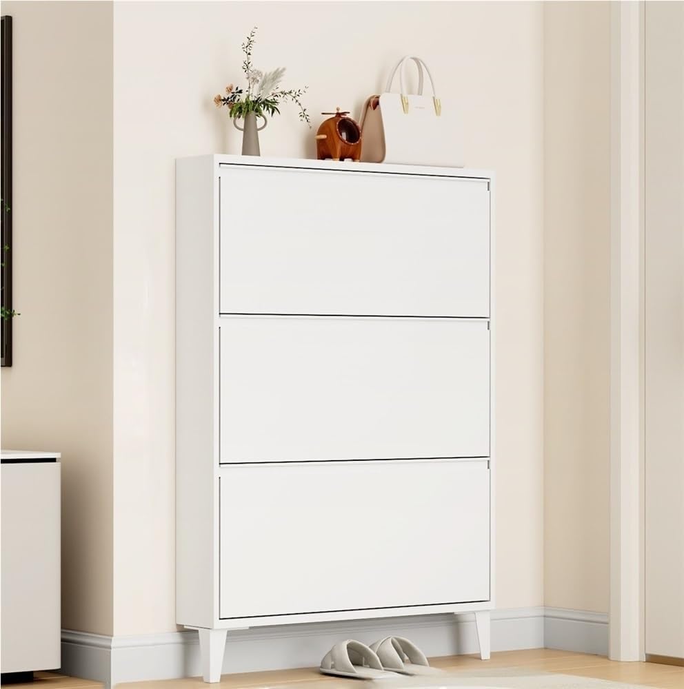 Floating Metal Shoe Cabinet, Wall Mounted Ultra-Thin Flip Drawer Storage, Freestanding Shoe Rack Storage Organizer for Entryway, Narrow Hallway(White,80 * 12.2 * 147.2cm)