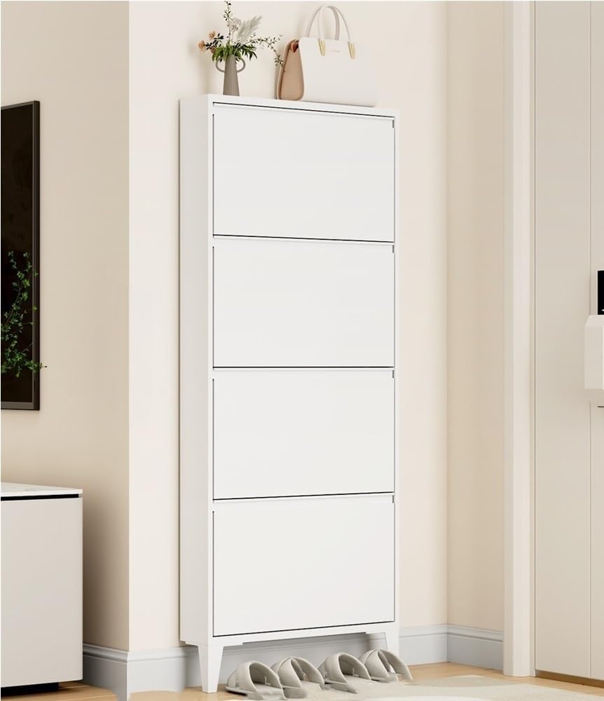 Floating Metal Shoe Cabinet, Wall Mounted Ultra-Thin Flip Drawer Storage, Freestanding Shoe Rack Storage Organizer for Entryway, Narrow Hallway(White,80 * 12.2 * 147.2cm)