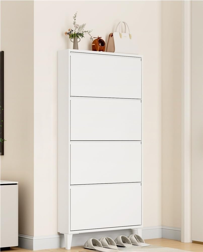 Floating Metal Shoe Cabinet, Wall Mounted Ultra-Thin Flip Drawer Storage, Freestanding Shoe Rack Storage Organizer for Entryway, Narrow Hallway(White,80 * 12.2 * 147.2cm)