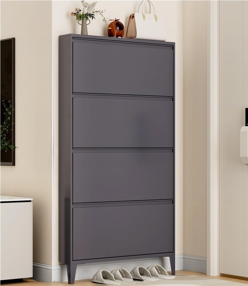 Floating Metal Shoe Cabinet, Wall Mounted Ultra-Thin Flip Drawer Storage, Freestanding Shoe Rack Storage Organizer for Entryway, Narrow Hallway(White,80 * 12.2 * 147.2cm)