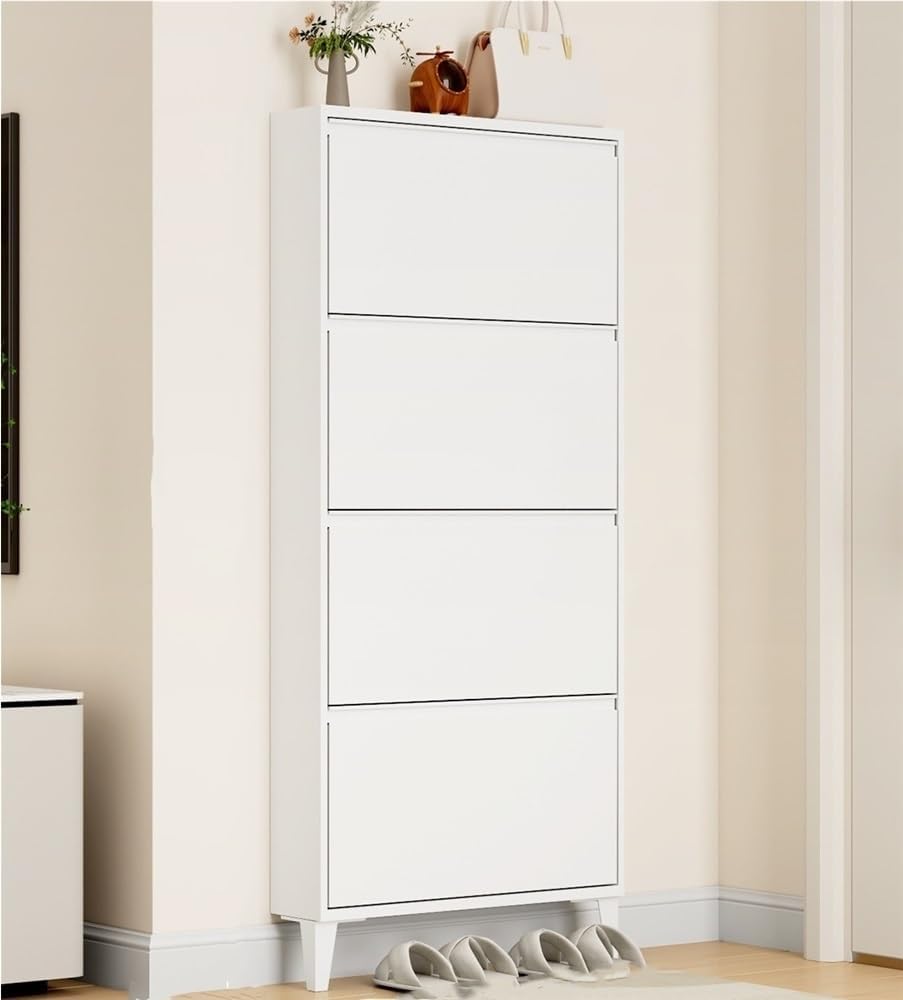 Floating Metal Shoe Cabinet, Wall Mounted Ultra-Thin Flip Drawer Storage, Freestanding Shoe Rack Storage Organizer for Entryway, Narrow Hallway(White,80 * 12.2 * 147.2cm)