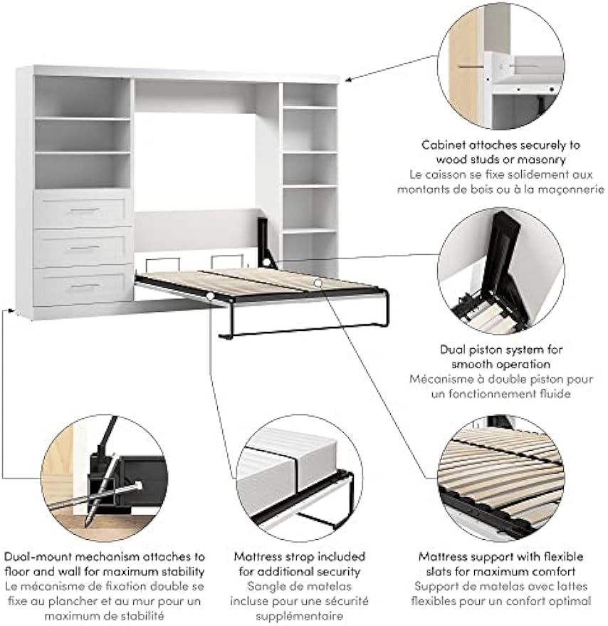 Bestar Pur Murphy 2 Shelving Units with Drawers, Space-Saving Wall Bed with Storage and Closet Organizers, Full, Chocolate