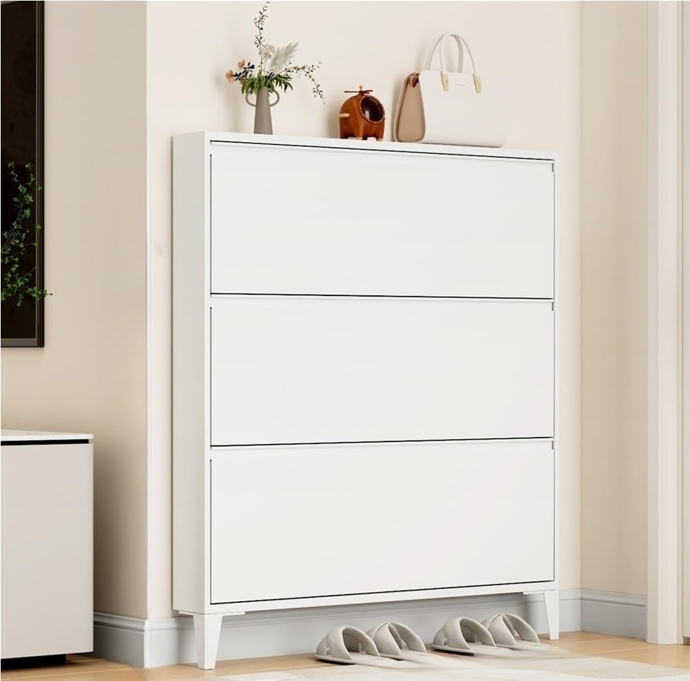 Floating Metal Shoe Cabinet, Wall Mounted Ultra-Thin Flip Drawer Storage, Freestanding Shoe Rack Storage Organizer for Entryway, Narrow Hallway(White,80 * 12.2 * 147.2cm)