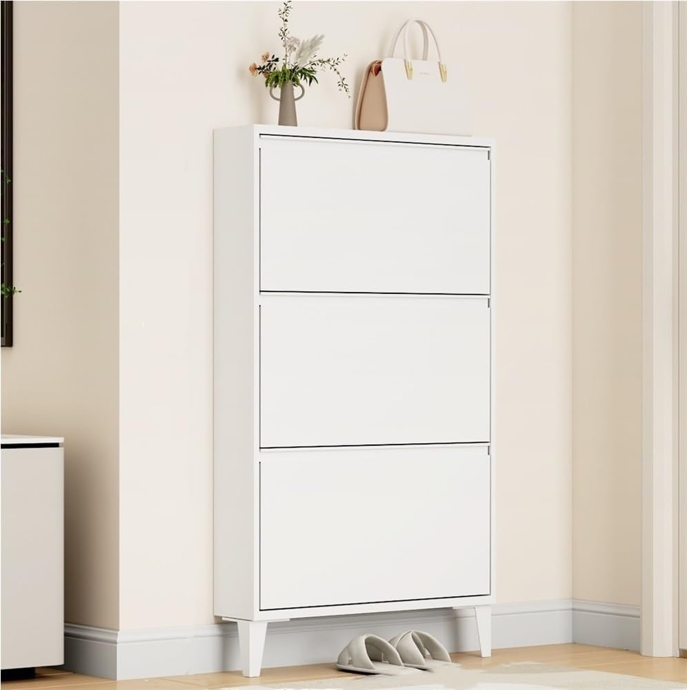 Floating Metal Shoe Cabinet, Wall Mounted Ultra-Thin Flip Drawer Storage, Freestanding Shoe Rack Storage Organizer for Entryway, Narrow Hallway(White,80 * 12.2 * 147.2cm)