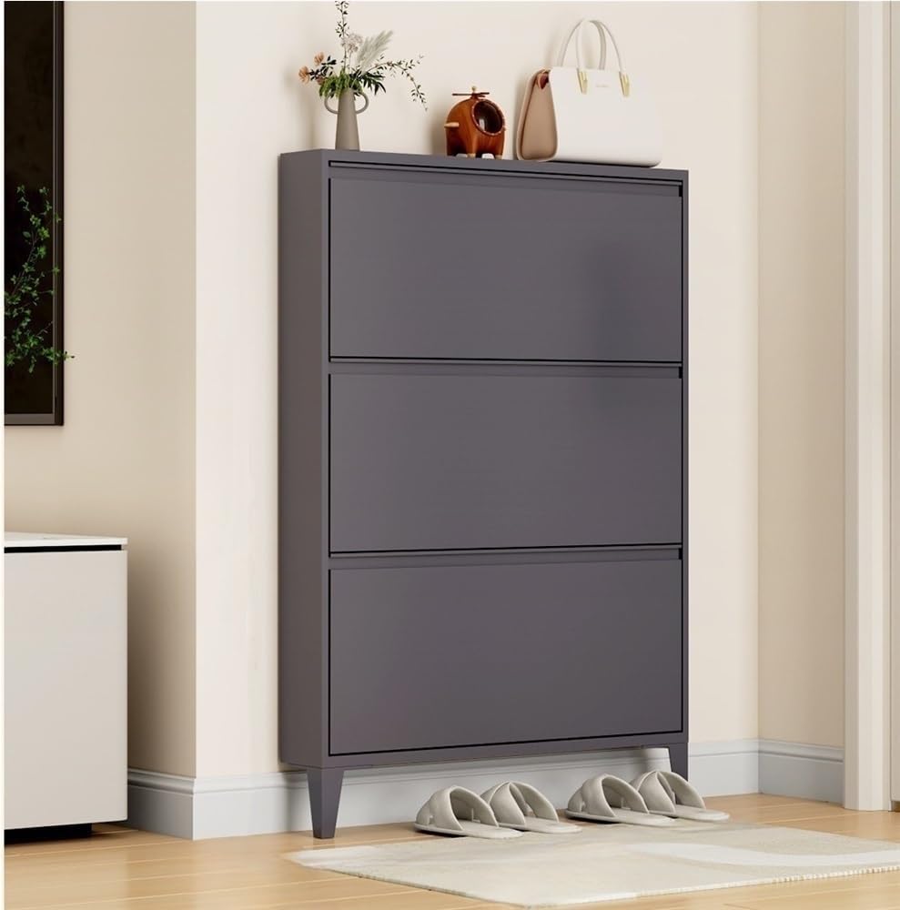 Floating Metal Shoe Cabinet, Wall Mounted Ultra-Thin Flip Drawer Storage, Freestanding Shoe Rack Storage Organizer for Entryway, Narrow Hallway(White,80 * 12.2 * 147.2cm)