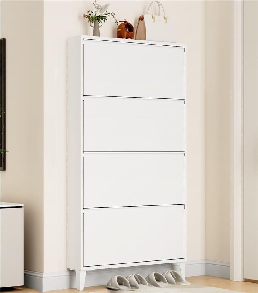 Floating Metal Shoe Cabinet, Wall Mounted Ultra-Thin Flip Drawer Storage, Freestanding Shoe Rack Storage Organizer for Entryway, Narrow Hallway(White,80 * 12.2 * 147.2cm)