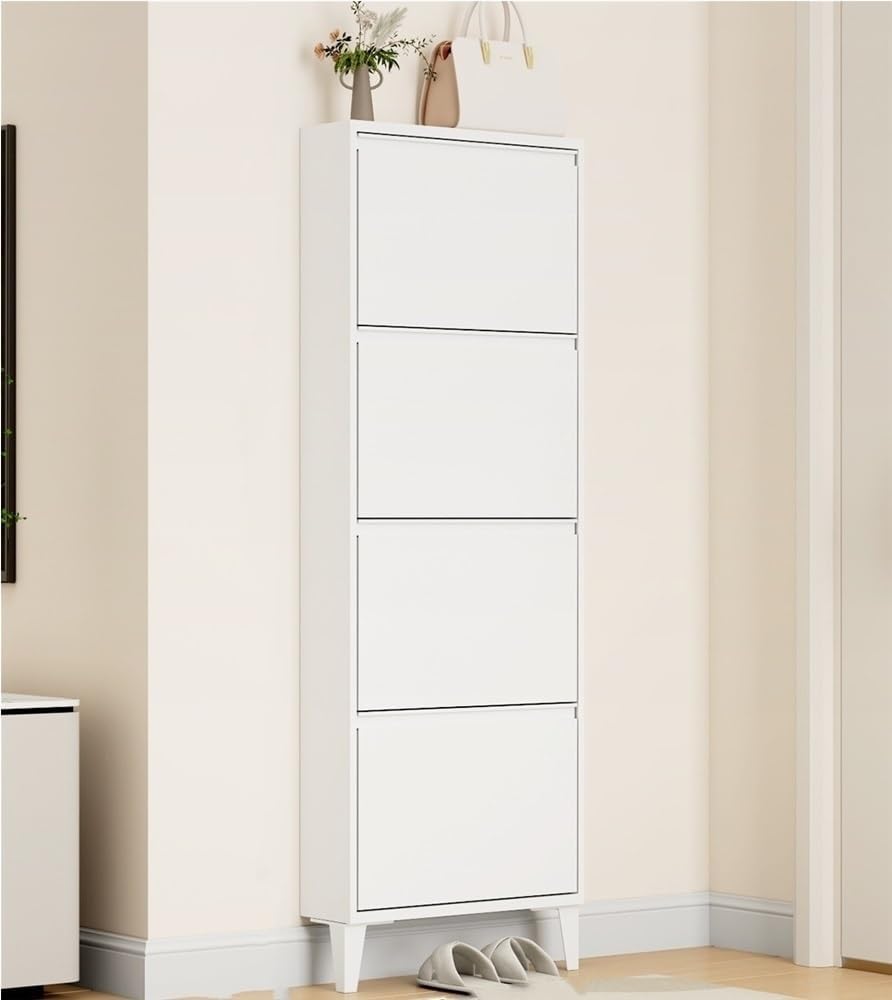 Floating Metal Shoe Cabinet, Wall Mounted Ultra-Thin Flip Drawer Storage, Freestanding Shoe Rack Storage Organizer for Entryway, Narrow Hallway(White,80 * 12.2 * 147.2cm)
