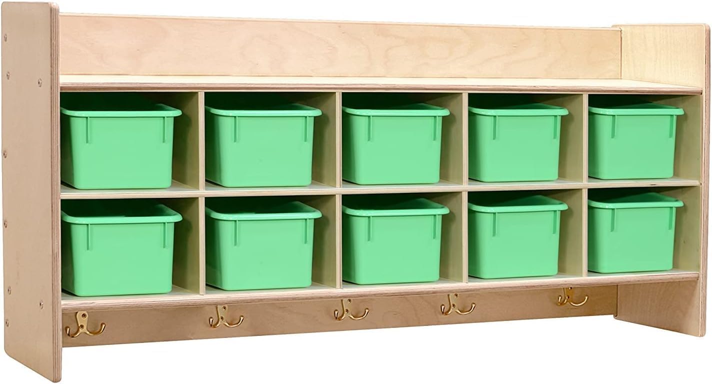 Contender Cubby Storage Organizer Cubes, Daycare Shelves with 10 Cubbies with Hooks and Shelf, Hanging Wall Mount, Furniture for Kids Toys, Classroom, 47-inch Width