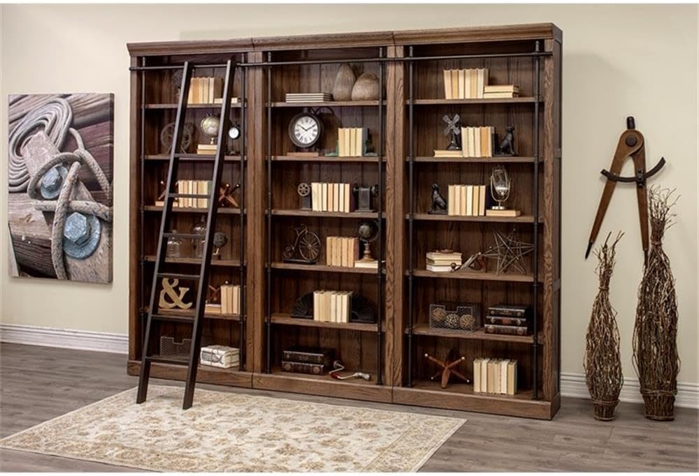 Martin Furniture 8' Tall Bookcase Wall with Ladder, Storage Organizer, Display Shelf for Office, Brown