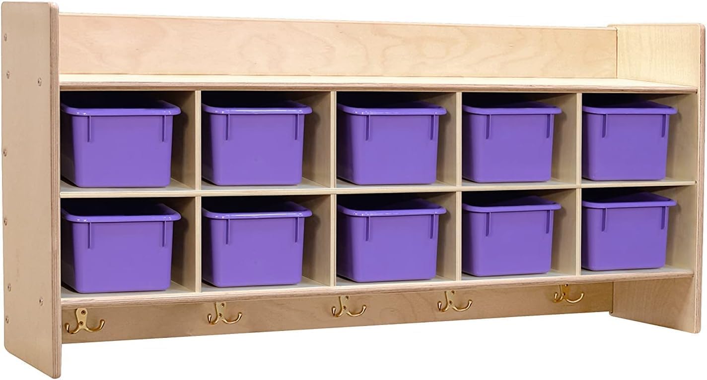 Contender Cubby Storage Organizer Cubes, Daycare Shelves with 10 Cubbies with Hooks and Shelf, Hanging Wall Mount, Furniture for Kids Toys, Classroom, 47-inch Width