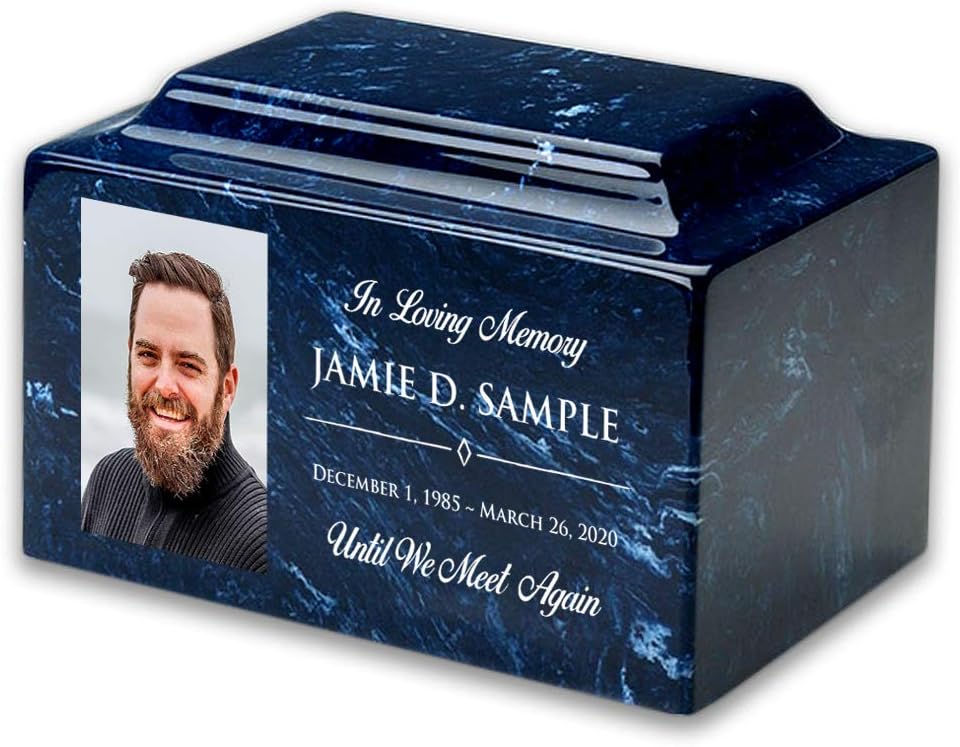 Everlasting Memorials and Gifts Custom Personalized Engraved Cultured Marble Funeral Urn - Adult Sized, 2.2 Cubic Inches, Blue, Navy, White Marble Pattern, Polished Finish, Threaded Opening