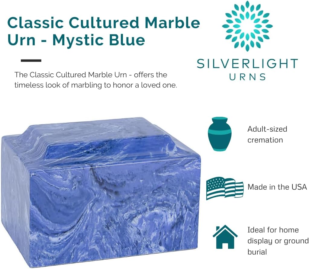 NavyClassic Cultured Marble Cremation Urn for Ashes, Dark Blue, Adult Sized, Ground Burial, Home Memorial, and Funeral Service