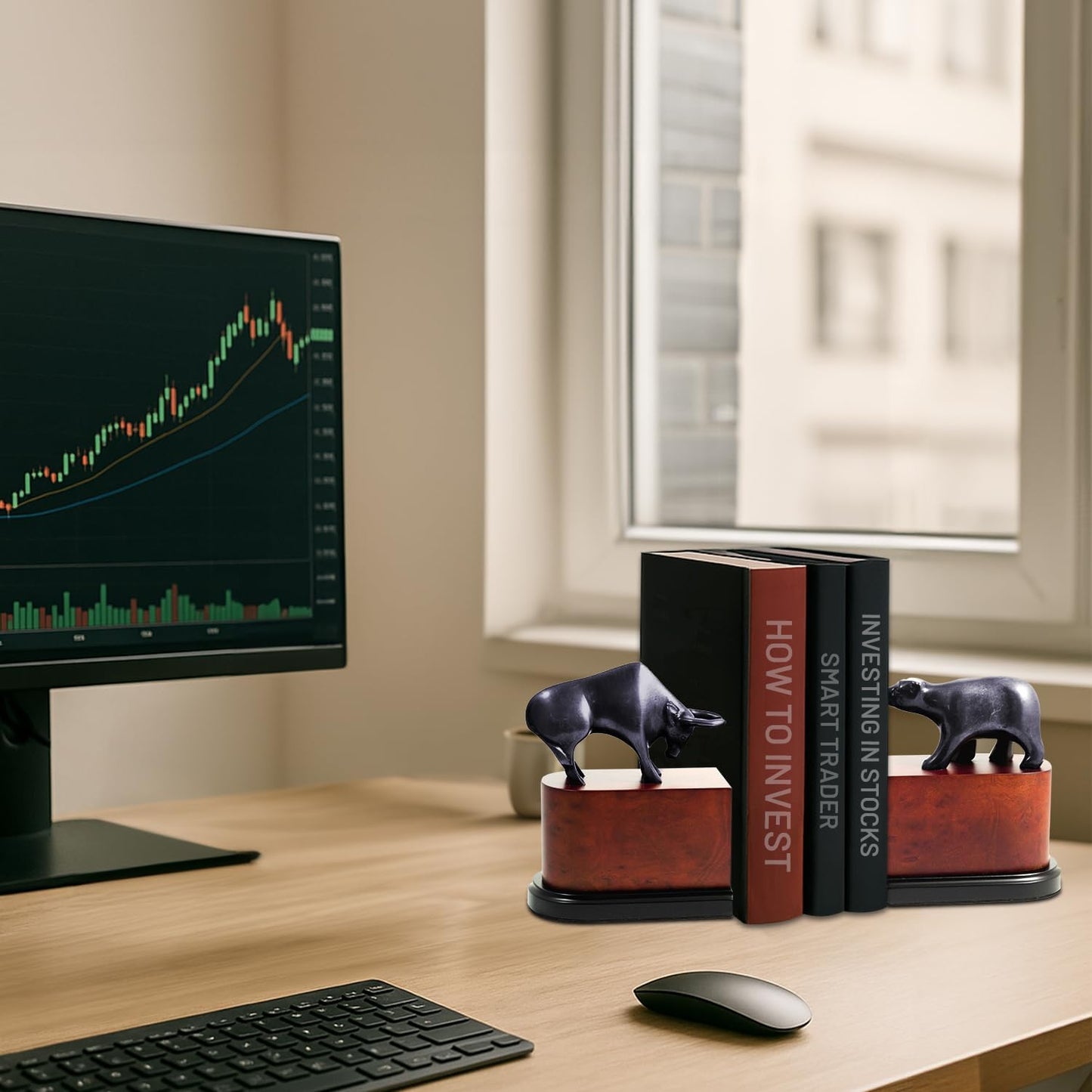 Bey-Berk Bull & Bear Bookends, Black – Bronzed Cast Metal with Burl Wood Base, Heavy-Duty Office, Desk & Bookshelf Stand