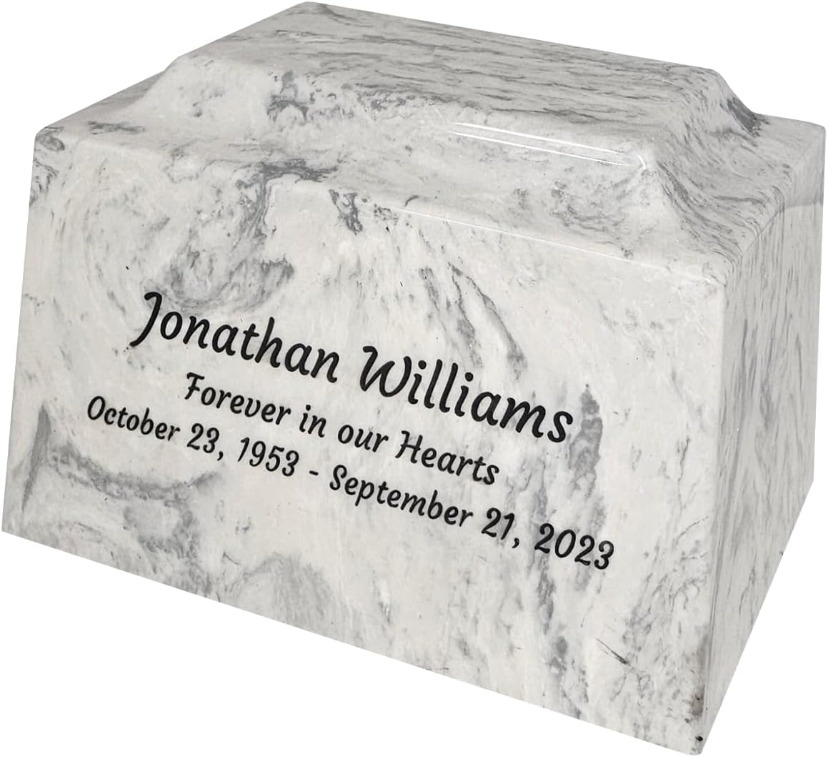 Custom Engraved Mackenzie Urn Vault - Up to Three Line of Custom Engraving Included. Six Different Custom Fonts to Choose from. Cultured Marble Adult Full Size urn. Carrera Color
