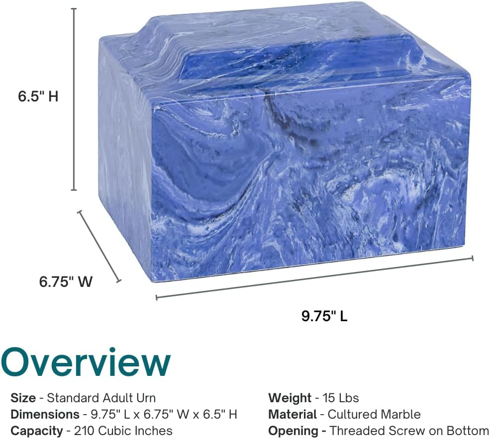 NavyClassic Cultured Marble Cremation Urn for Ashes, Dark Blue, Adult Sized, Ground Burial, Home Memorial, and Funeral Service