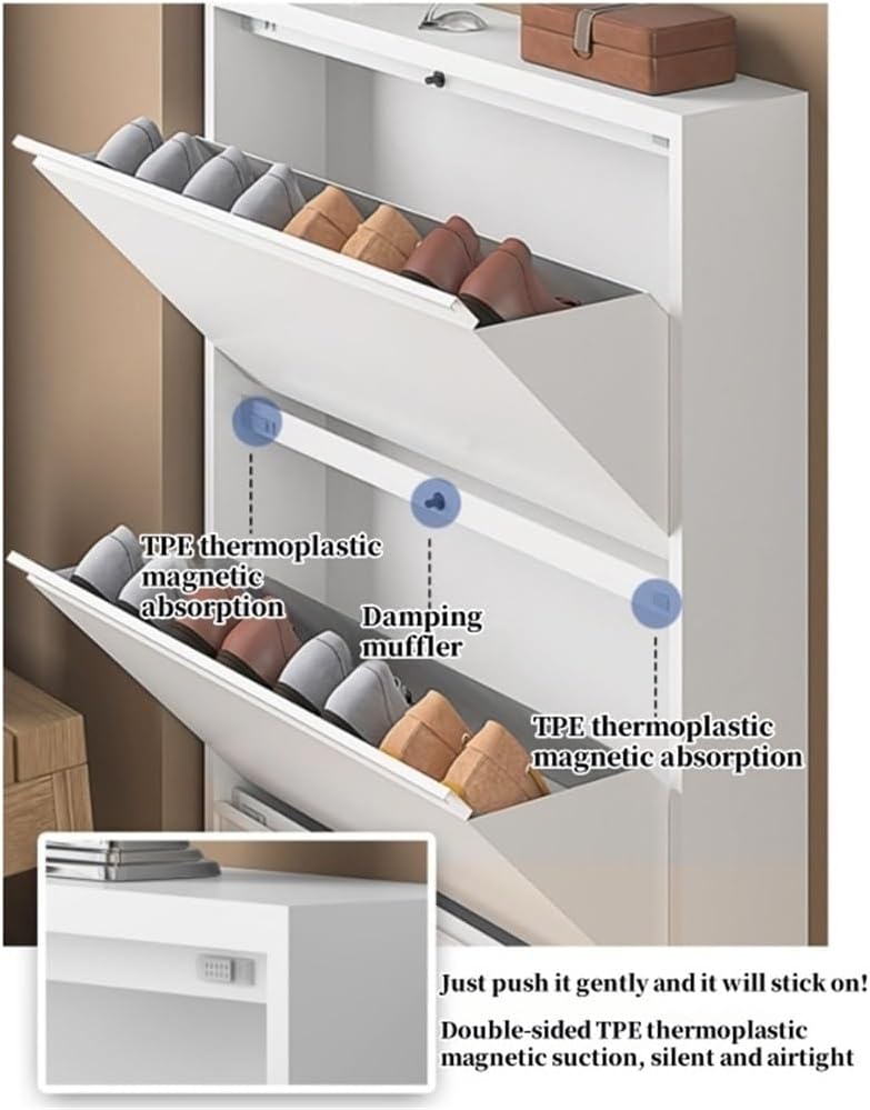 Floating Metal Shoe Cabinet, Wall Mounted Ultra-Thin Flip Drawer Storage, Freestanding Shoe Rack Storage Organizer for Entryway, Narrow Hallway(White,80 * 12.2 * 147.2cm)