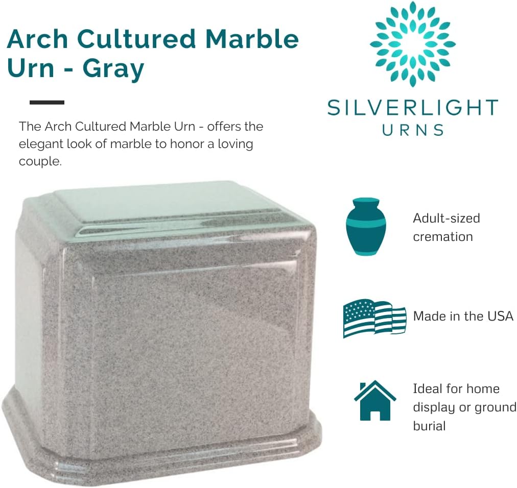 Arch Cultured Marble Urn for Two - Gray, Extra Large Size Adult, Companion Urn, Capacity for up to 490 lbs Ashes, Ground Burial, Home or Funeral Memorial Cremation Urn for Ashes