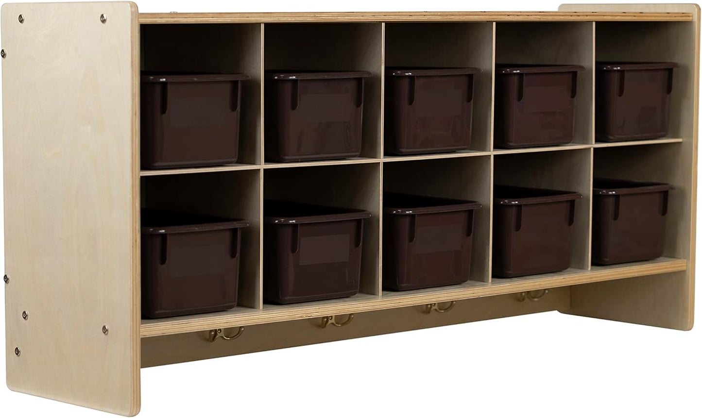 10 Section Wall Mount Classroom Storage Organizer, Cubby Shelving with Coat Locker, Translucent Trays, and Hooks for Daycare, Home, Kids Friendly Design, 21.75" High
