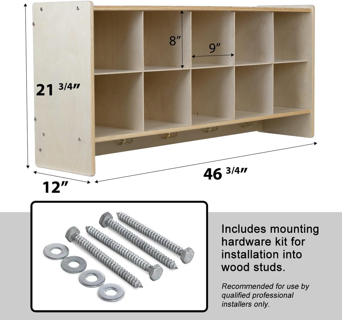10 Section Wall Mount Classroom Storage Organizer, Cubby Shelving with Coat Locker, Translucent Trays, and Hooks for Daycare, Home, Kids Friendly Design, 21.75" High