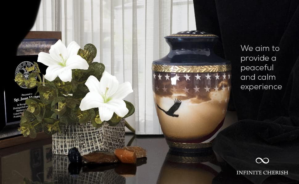 Patriotic Cremation Urn for Human Ashes Adult Male, Navy Blue Funeral American Veteran Cremation Vessel for Men, Designed and Handcrafted in Brass with Care, Military Burial Decorative Ewer
