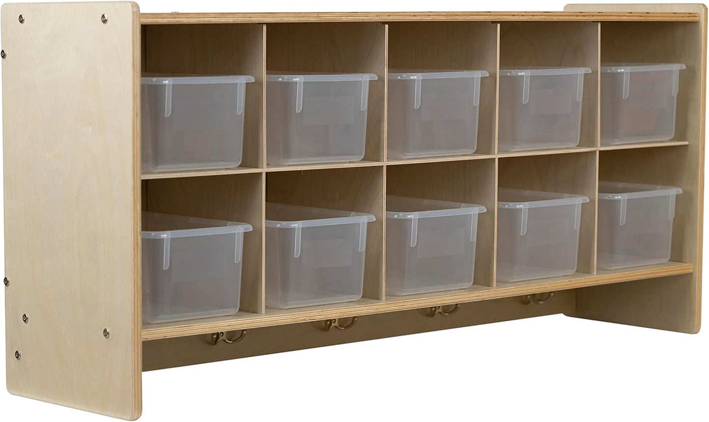 10 Section Wall Mount Classroom Storage Organizer, Cubby Shelving with Coat Locker, Translucent Trays, and Hooks for Daycare, Home, Kids Friendly Design, 21.75" High