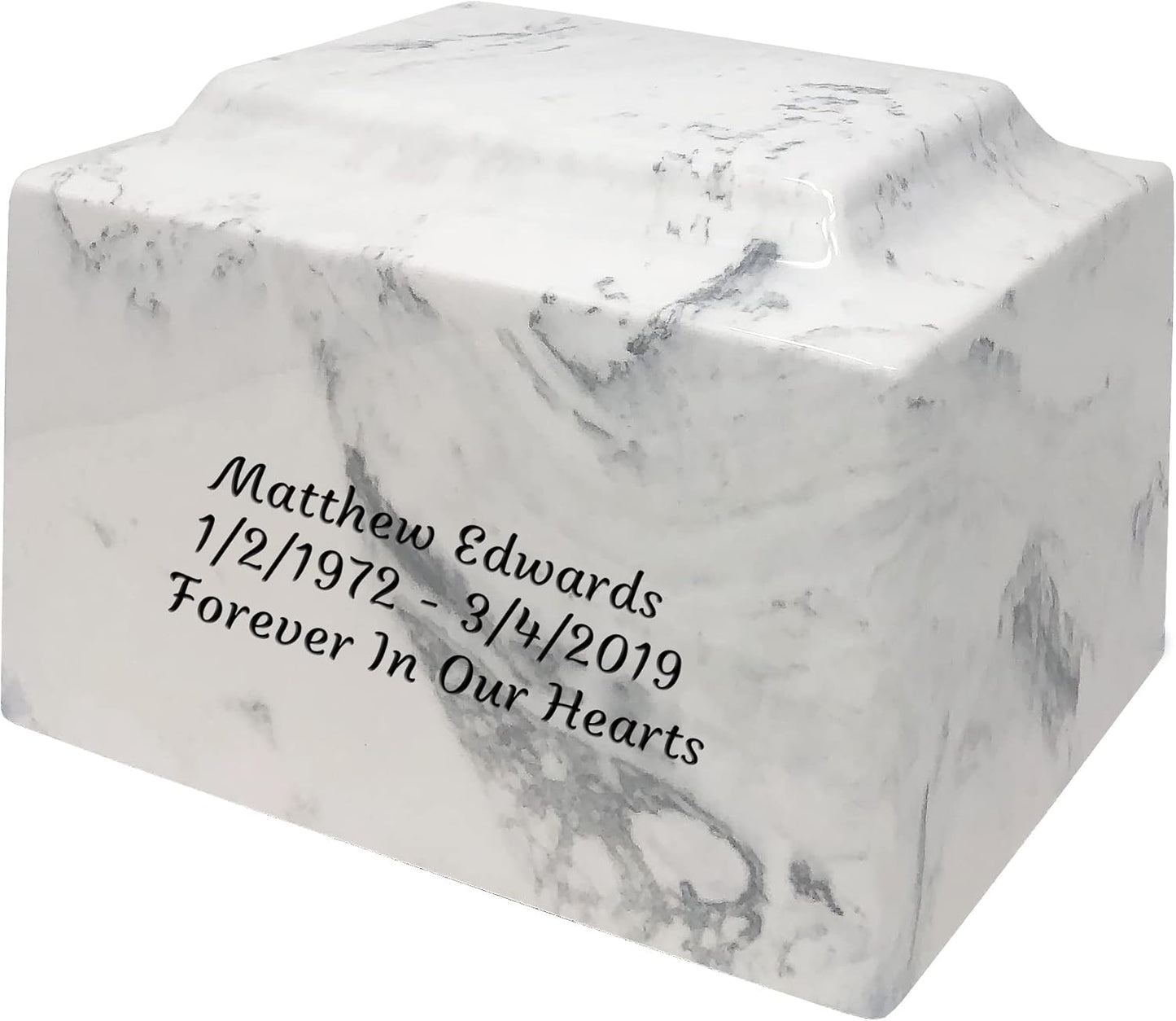Custom Engraved Mackenzie Urn Vault - Up to Three Line of Custom Engraving Included. Six Different Custom Fonts to Choose from. Cultured Marble Adult Full Size urn. Carrera Color