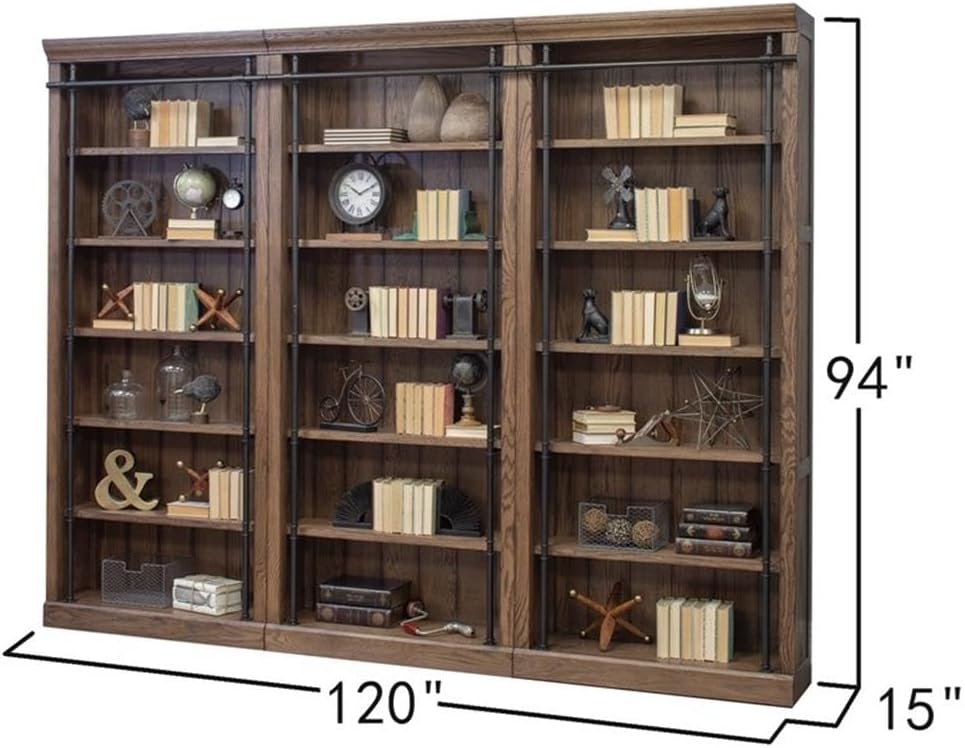 Martin Furniture 8' Tall Bookcase Wall with Ladder, Storage Organizer, Display Shelf for Office, Brown