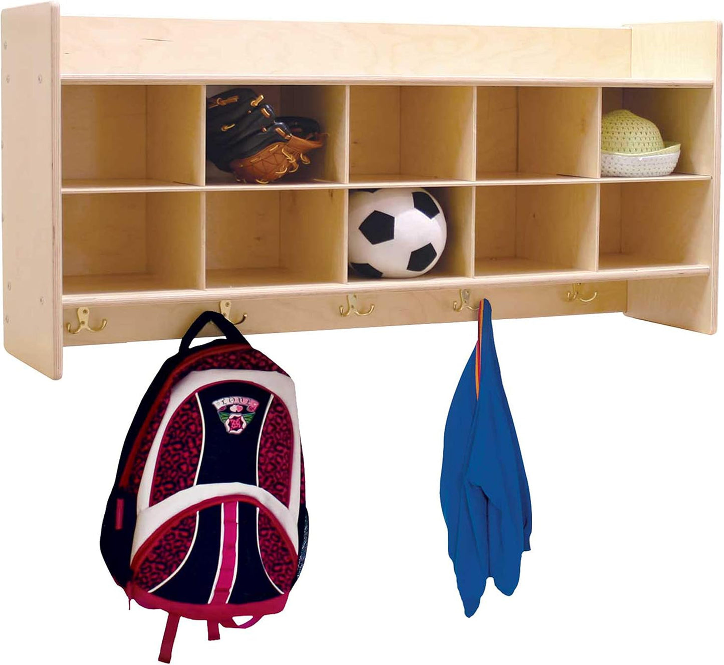 Contender Cubby Storage Organizer Cubes, Daycare Shelves with 10 Cubbies with Hooks and Shelf, Hanging Wall Mount, Furniture for Kids Toys, Classroom, 47-inch Width