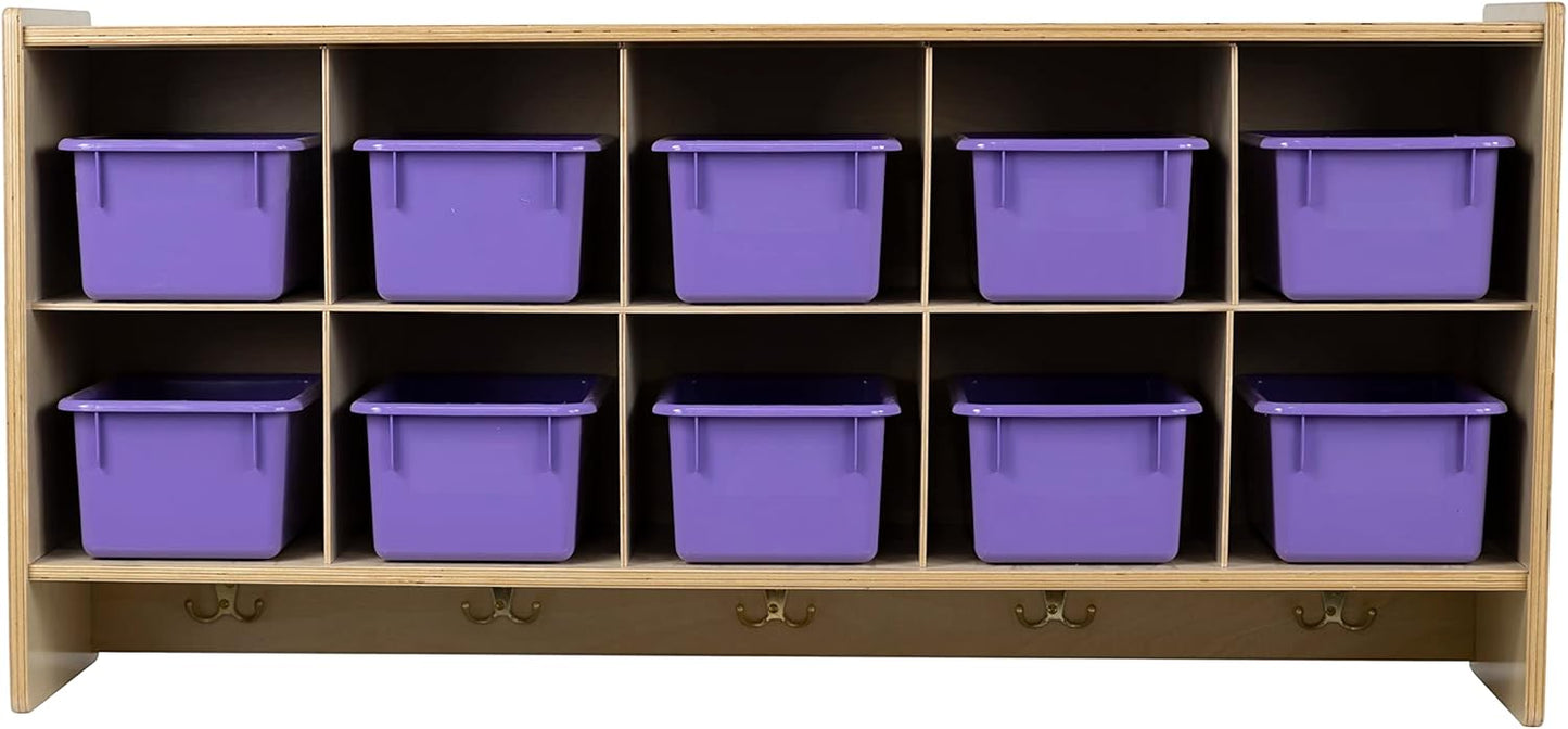 10 Section Wall Mount Classroom Storage Organizer, Cubby Shelving with Coat Locker, Translucent Trays, and Hooks for Daycare, Home, Kids Friendly Design, 21.75" High