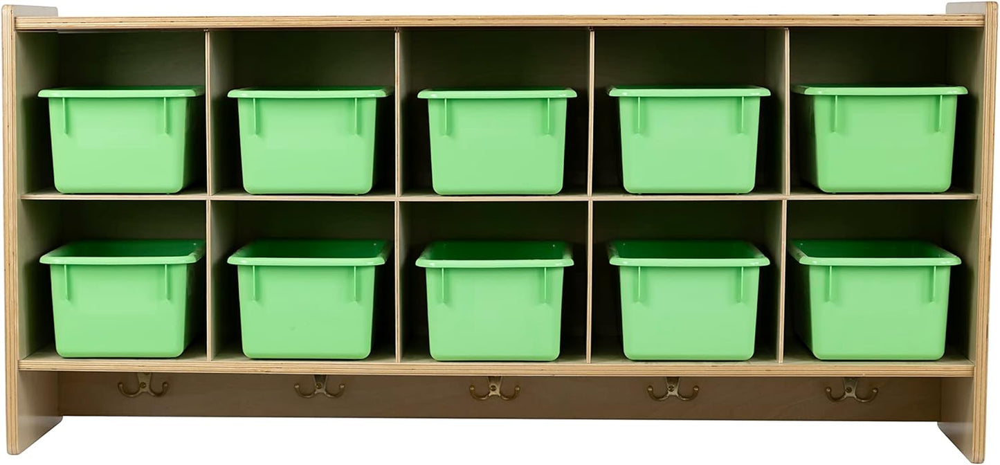 10 Section Wall Mount Classroom Storage Organizer, Cubby Shelving with Coat Locker, Translucent Trays, and Hooks for Daycare, Home, Kids Friendly Design, 21.75" High