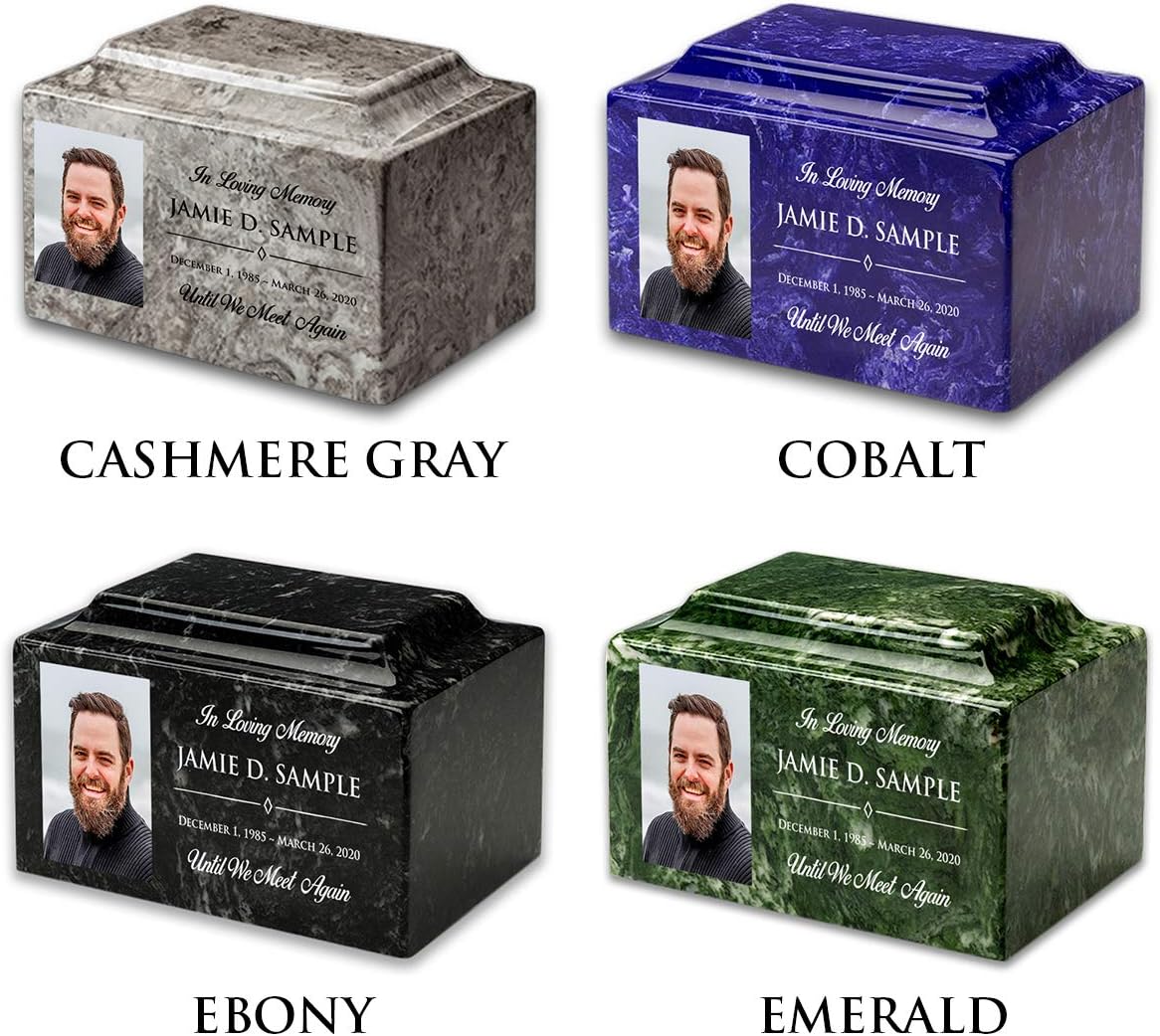 Everlasting Memorials and Gifts Custom Personalized Engraved Cultured Marble Funeral Urn - Adult Sized, 2.2 Cubic Inches, Blue, Navy, White Marble Pattern, Polished Finish, Threaded Opening